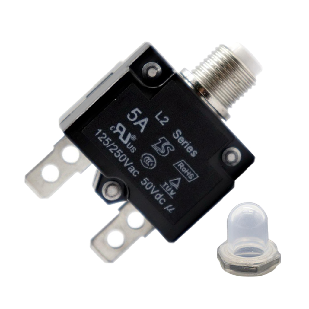 Disyuntor de botón pulsador de 5 amperios, 50V CC o 250V CA, se monta en un orificio redondo de 3/8 pulgadas (10mm), tapa de botón transparente