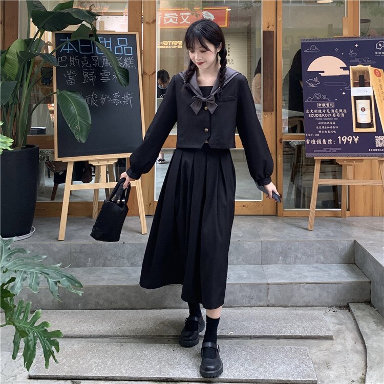 2pcs Women Autumn Winter Sailor JK Dress Suit Set Japan Preppy Style High School Uniform Navy Collar Bow Shirt Pleated Skirt: M