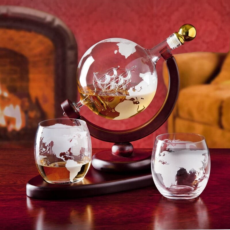 Whiskey Decanter Globe Set with 2 Etched Globe Whisky Glasses - for Liquor, Bourbon, Vodka - 850Ml.