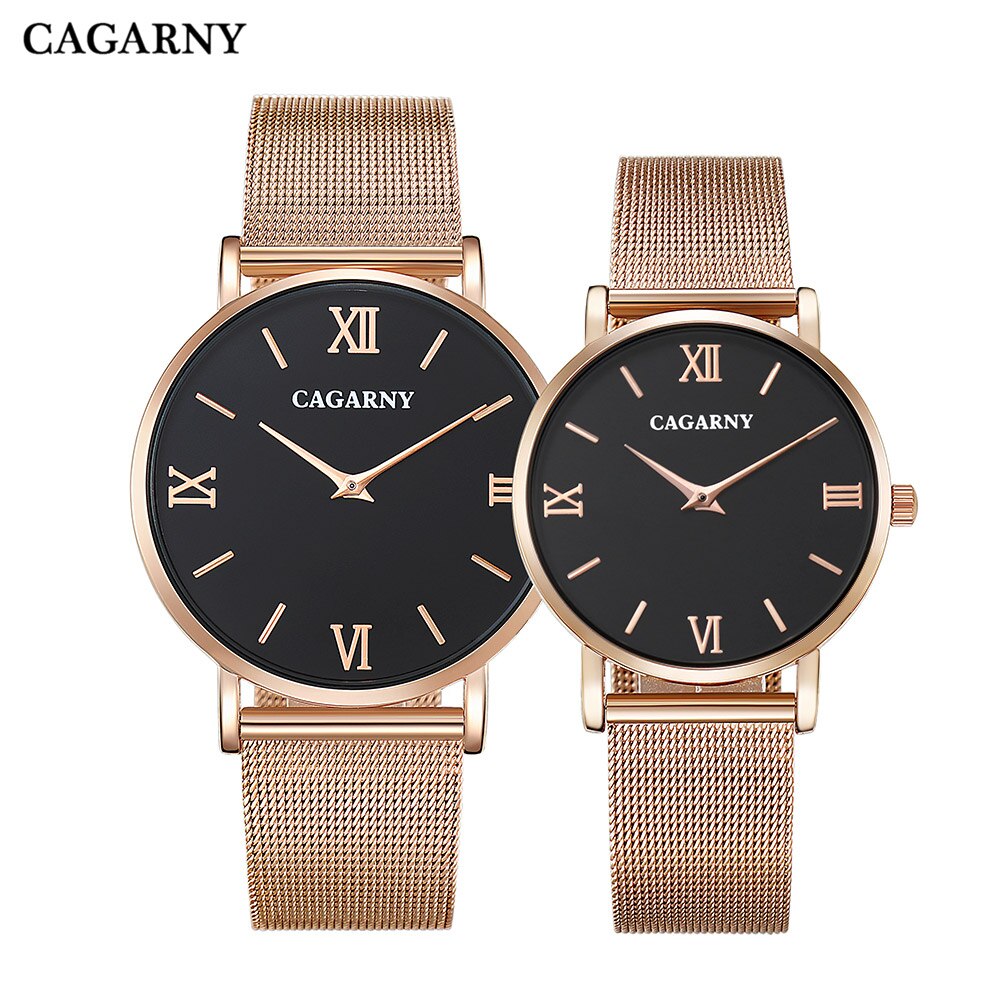 Cagarny Ultra-Dunne Horloge Mannen Vrouwen Rvs Mesh Band Rose Gold Horloges Lover &#39;S Koppels horloge: rose gold black