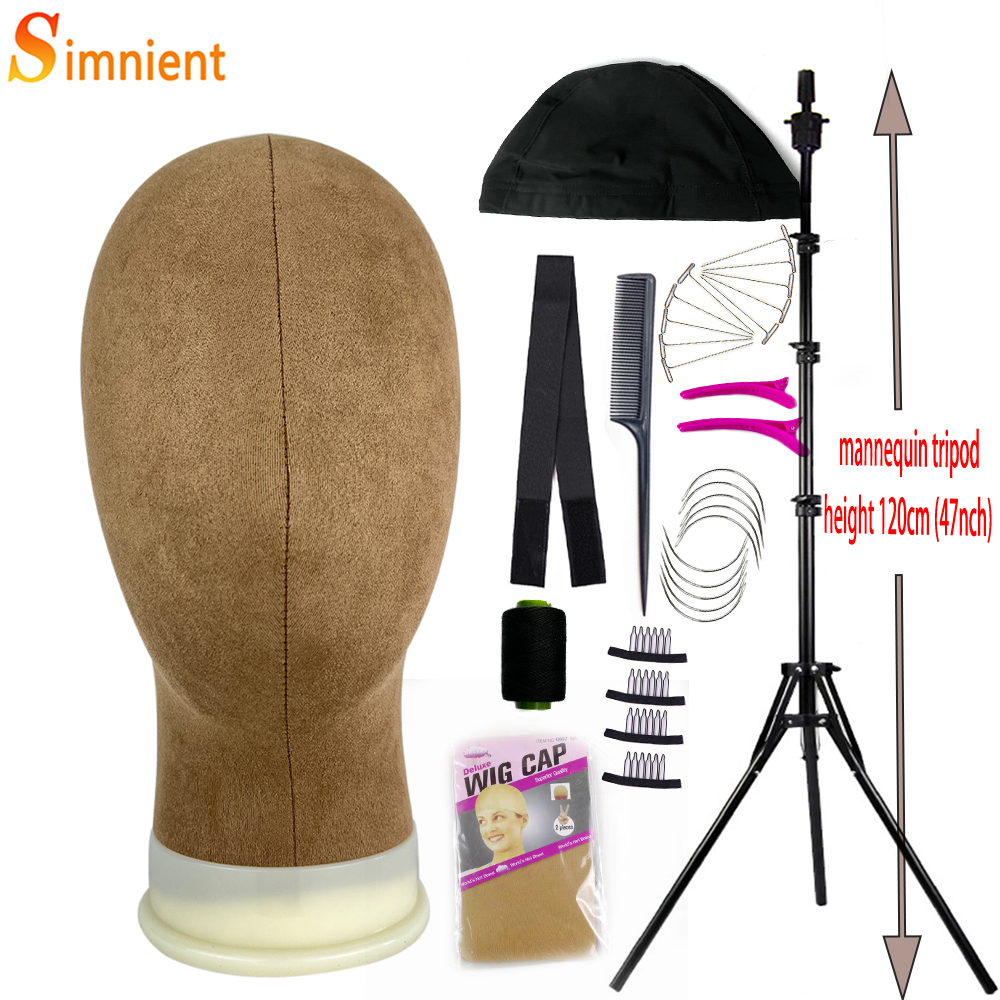 Mannequin Head Wig Stand Canvas Block Head With Adjustable Mannequin Head Tripod For Wigs Making Display Wth Wig Caps T Pins: Blue/Black