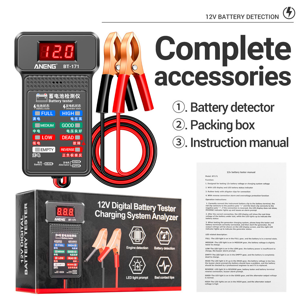 Probadores de batería multifuncionales BT-171, 12V, detección industrial de reparación de automóviles con pantalla LED de visualización inversa, diagnóstico de electricista