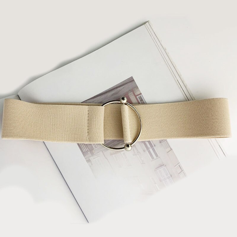 Brede elastische damesriem met effen kleur, accessoires voor jurkriemen, rekbare ronde metalen gespen, dames taillebandaccessoires: Beige