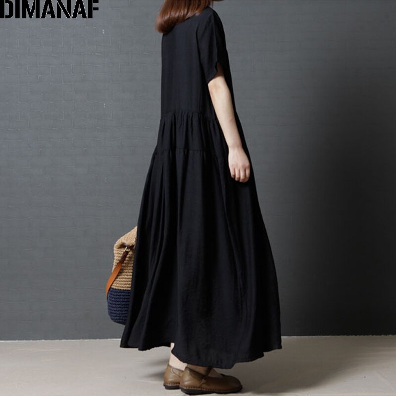Dimanaf kvinder sommerkjole plus size linned kvindelig dame plisseret vestidos solid sort løs vintage lang kjole m -2xl