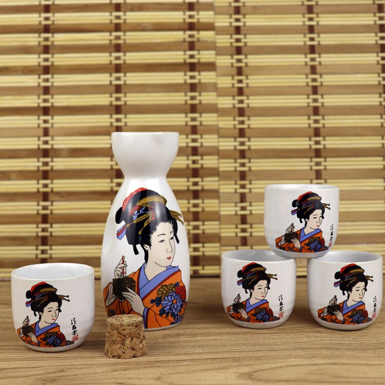 5 Pcs Ceramic Japanese Sake Set Bottle Cups With Cork Stopper Bar Crockery Wine Warm Sets 16 Pattern Wood Tray: B
