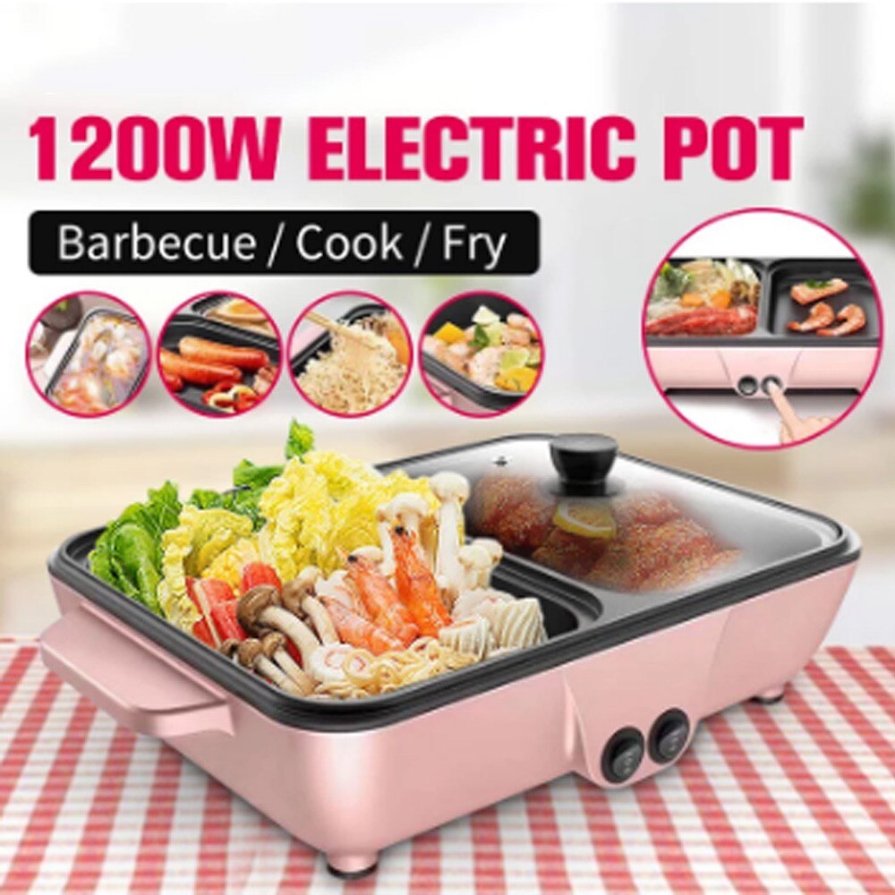 220V 1200W 2 in 1 Mini Electric Cooking Pot Machine Multifunction Hotpot Noodles Eggs Soup Barbecue Non-Stick BBQ Heating Pan