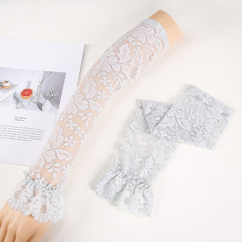 Protector solar de encaje para mujer, manoplas de manga de brazo, cubierta de brazo de clásica, protección UV, puños de brazo de hielo, guantes de conducción sin dedos: grey