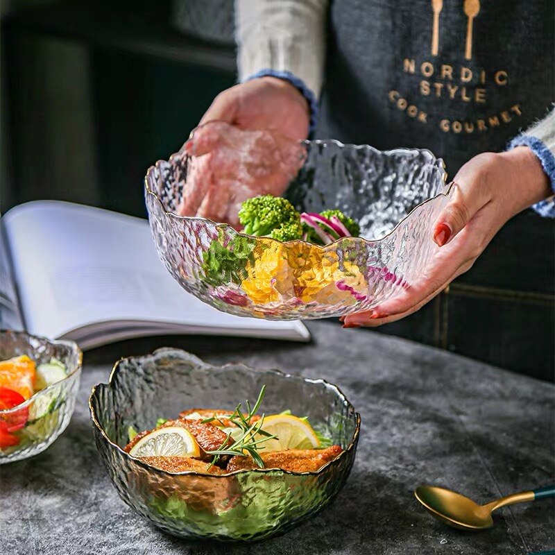Irregular Gold Inlay Edge Glass Salad Bowl Fruit Rice Serving Bowls Food Storage Container Lunch Bento Box Decoration Tableware
