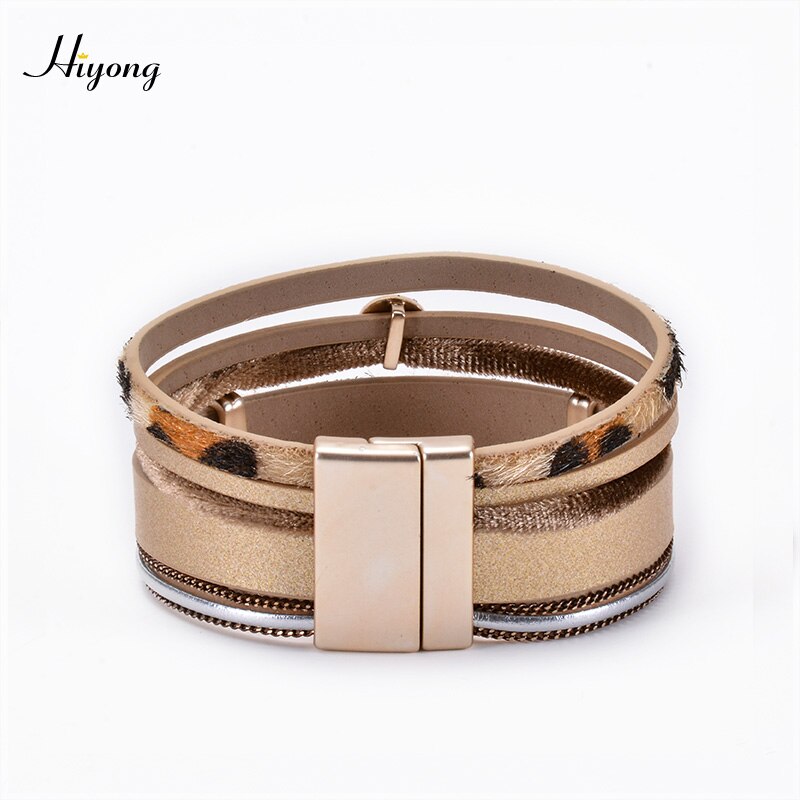 Hiyong Pu Lederen Armband Multilayer Crystal Magneet Gesp Armband Dames Leopard Wrap Armbanden Bohemian Stijl Sieraden