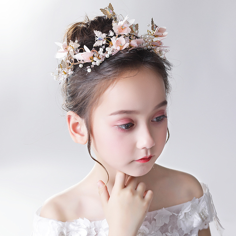 Korean Children&#39;s Head Flower Golden Butterfly White Pearl Flower Headband Flower Girl Birthday Headband Wreath 2021new