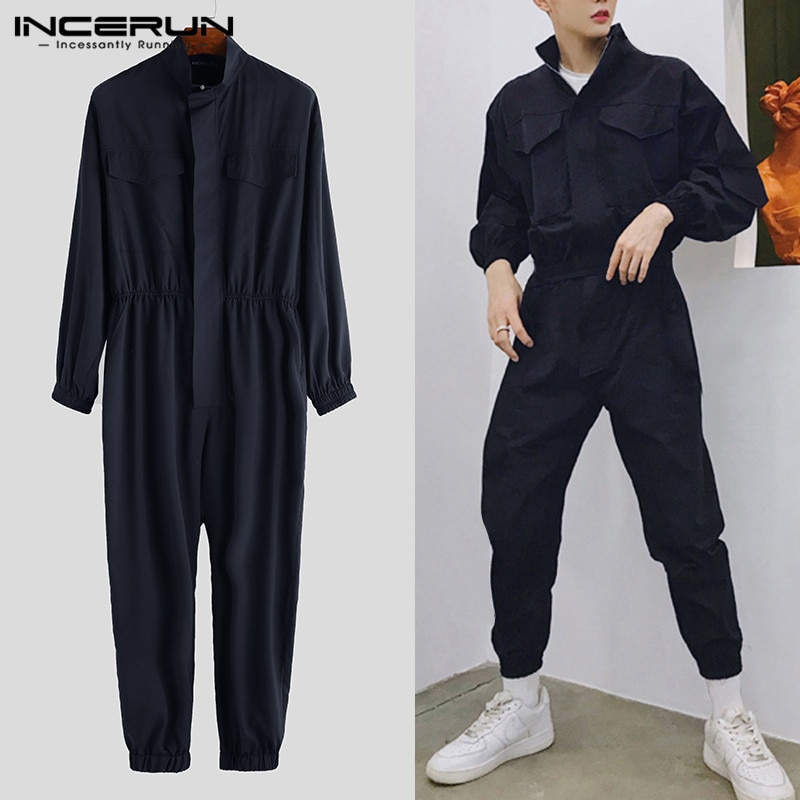 Mænd jumpsuit jogger lynlåse solide afslappede lange ærmer bukser hip-hop streetwear bukser mænd cargo overalls incerun