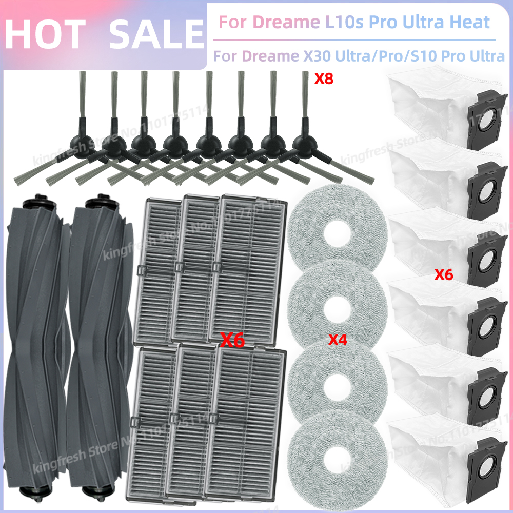 Compatible avec (Dreame L10s Pro Ultra Heat / X30 Ultra / L10s Ultra Gen 2 , Mova E30 Ultra) Pièces Rouleau principal Brosse latérale Filtre Chiffon de nettoyage Sac à poussière Accessoires: Black