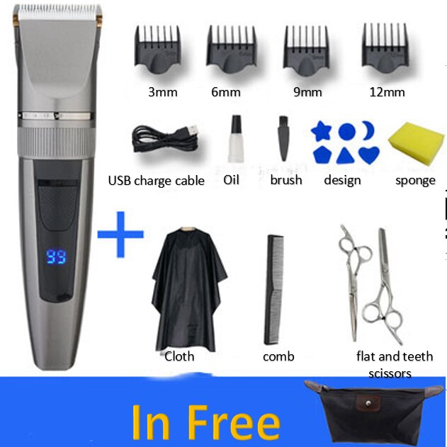 Hair Clipper Electric Trimmer With LED Screen Washable Rechargeable Men Strong Power Steel Cutter Head: White