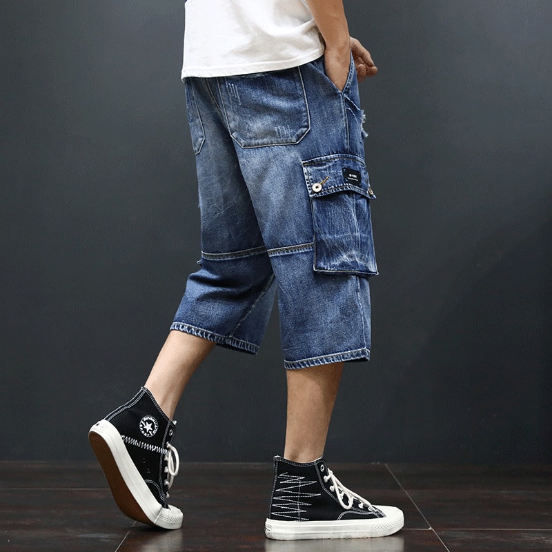 Herr streetwear sommar jeansshorts i bomull under knä lös passform casual cargo korta jeans hombre hip hop elastiska midja byxor