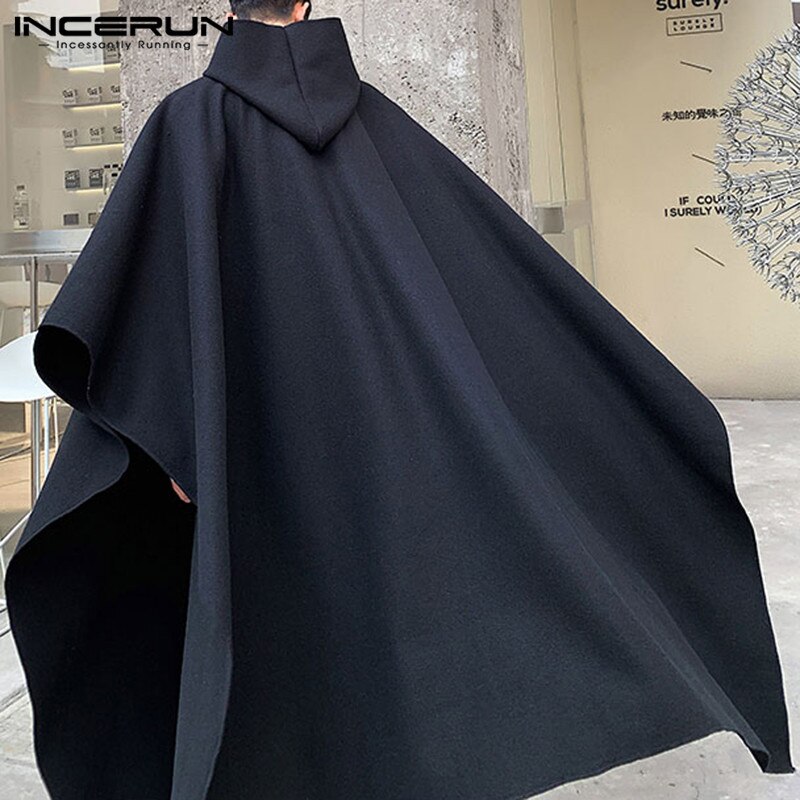 Stylish Men Cloak Coats Hooded Cape Solid Loose 2022 Streetwear Punk Style Windproof Men Long Trench Chic Winter Poncho INCERUN