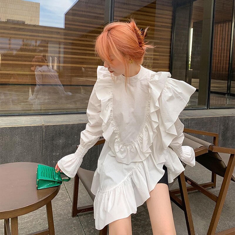 XITAO-chemisier à manches longues femme, vêtement minoritaire blanc, ample, grande taille, à manches évasées DZL1934