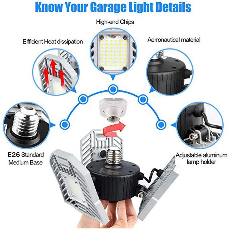 Led Garage Light 60W Deformable Warehouse Lamp Super Bright Ceiling Light Industrial Lighting Workshop Lamp E26