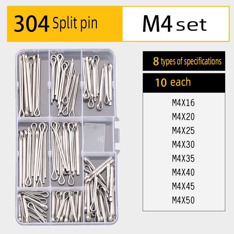 Pin key set DIY boxed 304 stainless steel cylindrical pin elastic pin split pin multi-specification combination set: Split(pin(M4Set