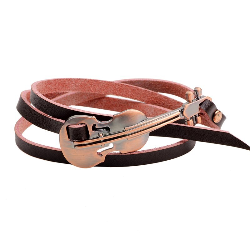 Unique Female Wrap Brown Leather Bracelets Diy Violin Alloy Long Sporty Charm Men Women Bracelets Jewelry: Coffee