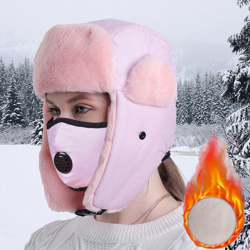 Wintermutsen heren dames warme mutsen plus fluwelen koudebestendige verstelbare mutsen winddichte gezichtsbedekking skimutsen sets gymmutsen: Pet gezichtsbedekking roze