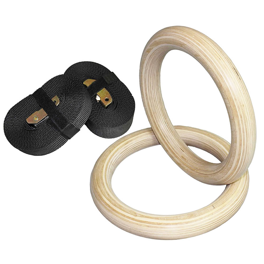 1Pair Birch Wood Gymnastic Rings Pull Up GYM Ring for Home Fitness Strength Training 2.8/3.2cm*4.5m Adjustable Straps: 2 rings with straps / 32mm