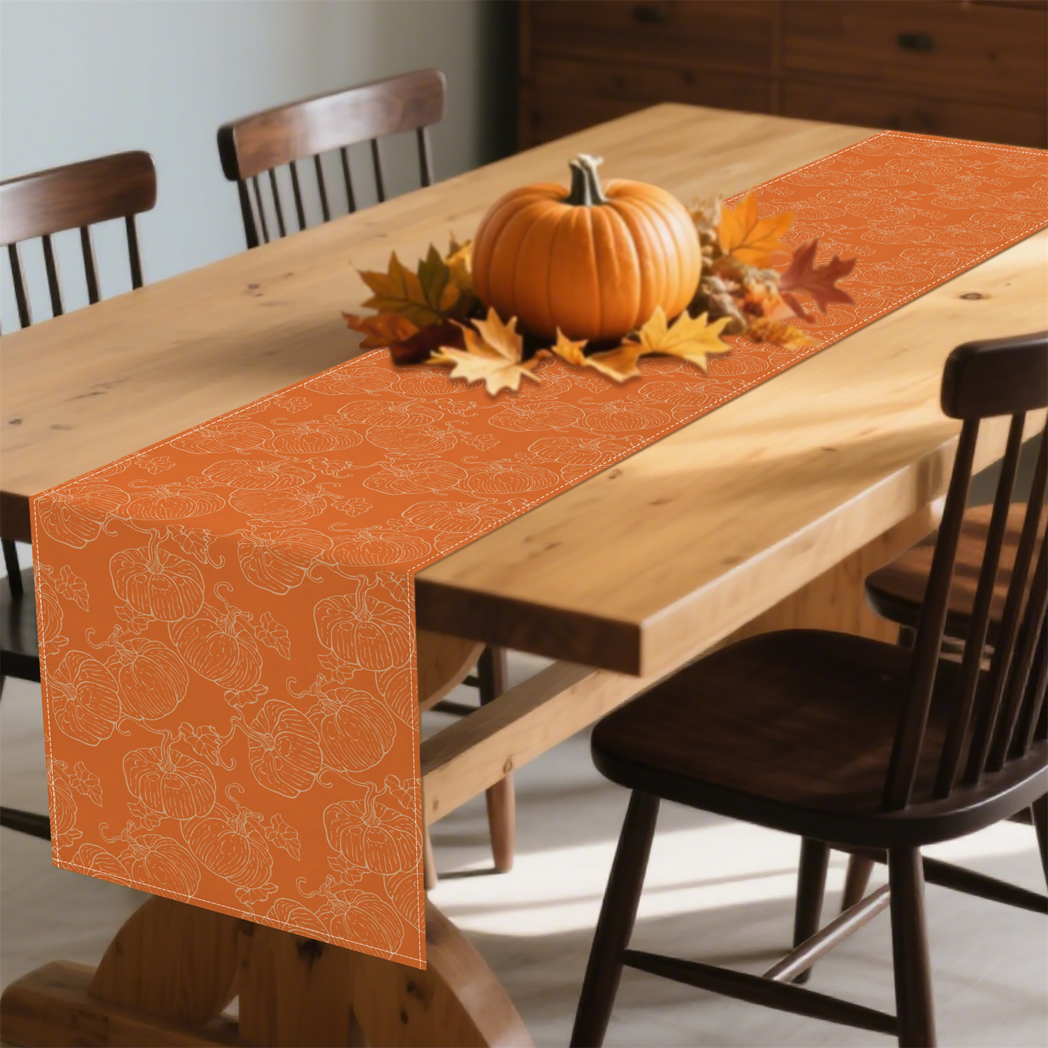 Bordlöpare med 1pc pumpablad, höstdekoration med orange mönster för skördefest i lantlig stil