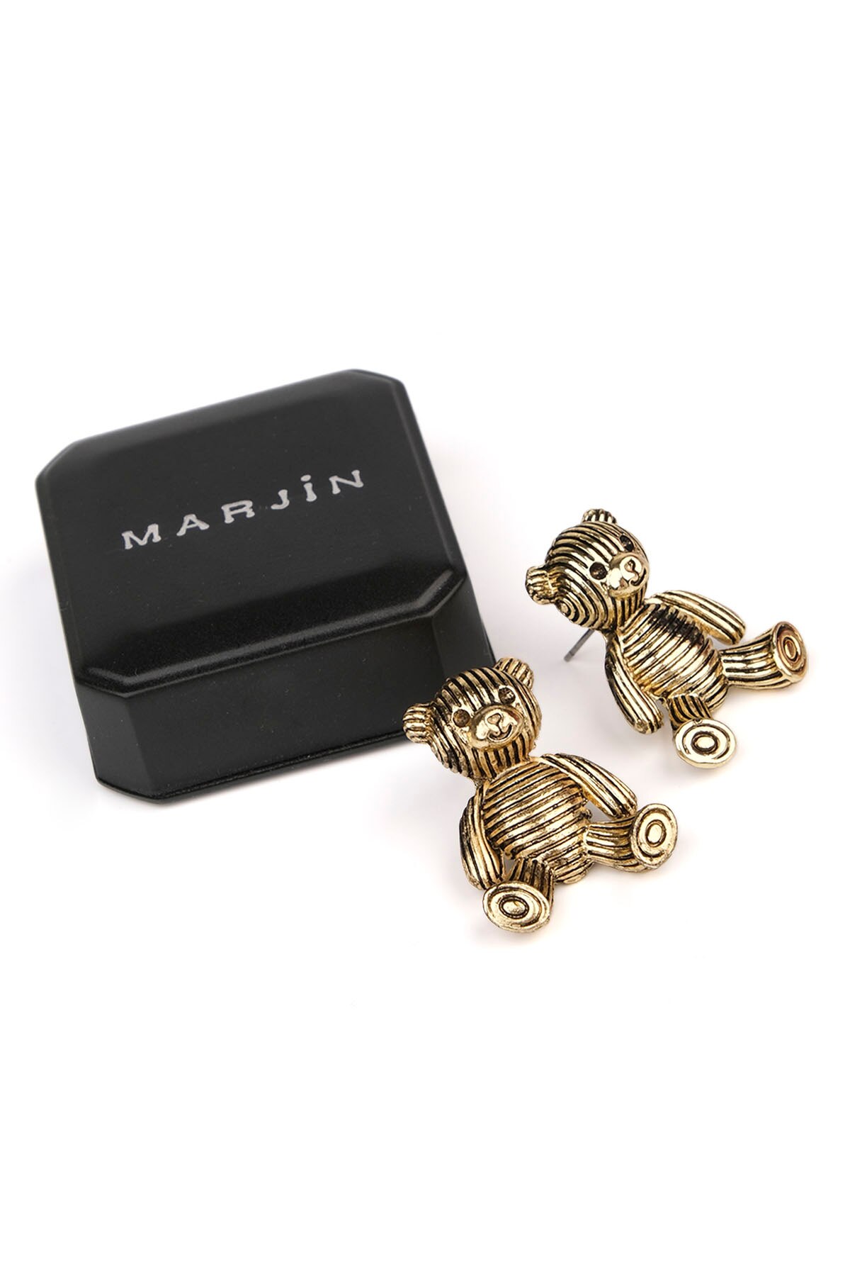 Marjin Women Gold Color Striped Pattern Teddy Bear Earrings