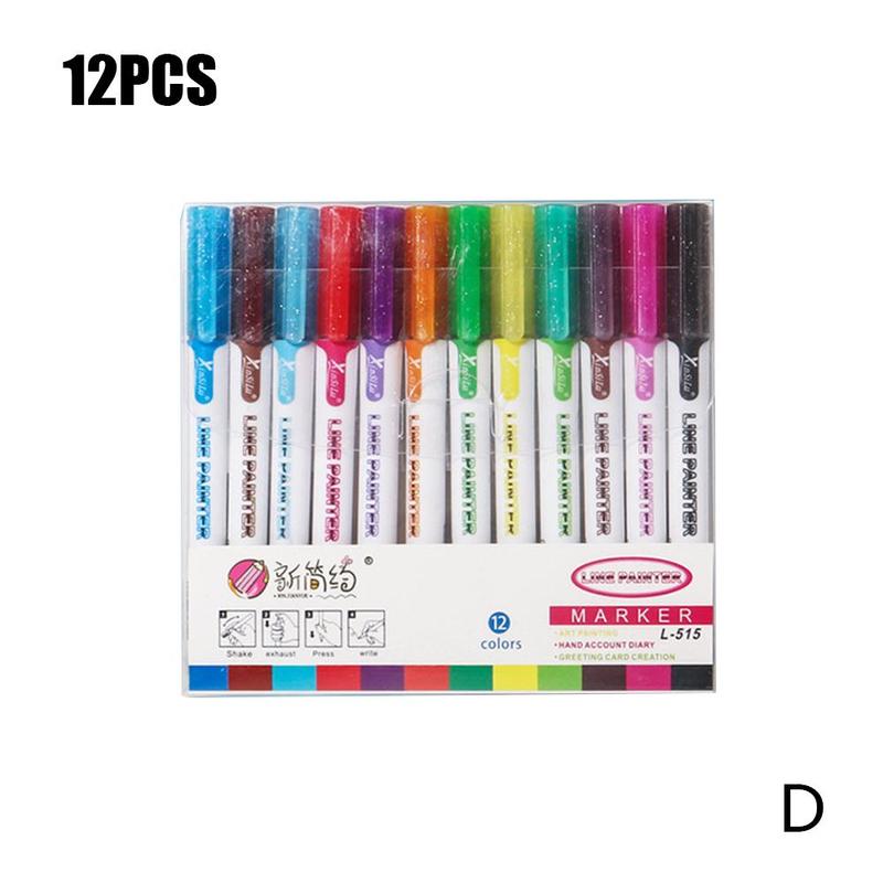 12 kleuren/set dubbele lijnen contourkleur kunstpennen stiften pen omlijningspen markeerstift tekenpennen stift kunstbenodigdheden: D
