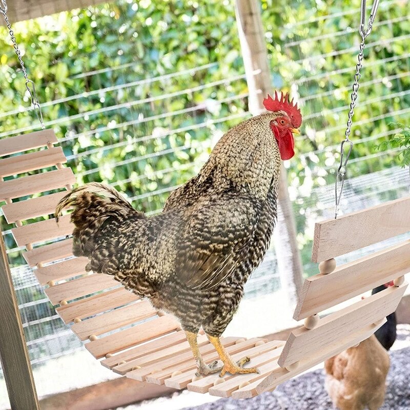 Chicken Toys for Hens Large Birds Wooden Swing Perch Toy for Roosting Natural Wood Ladder with Hook and Hanging Chain