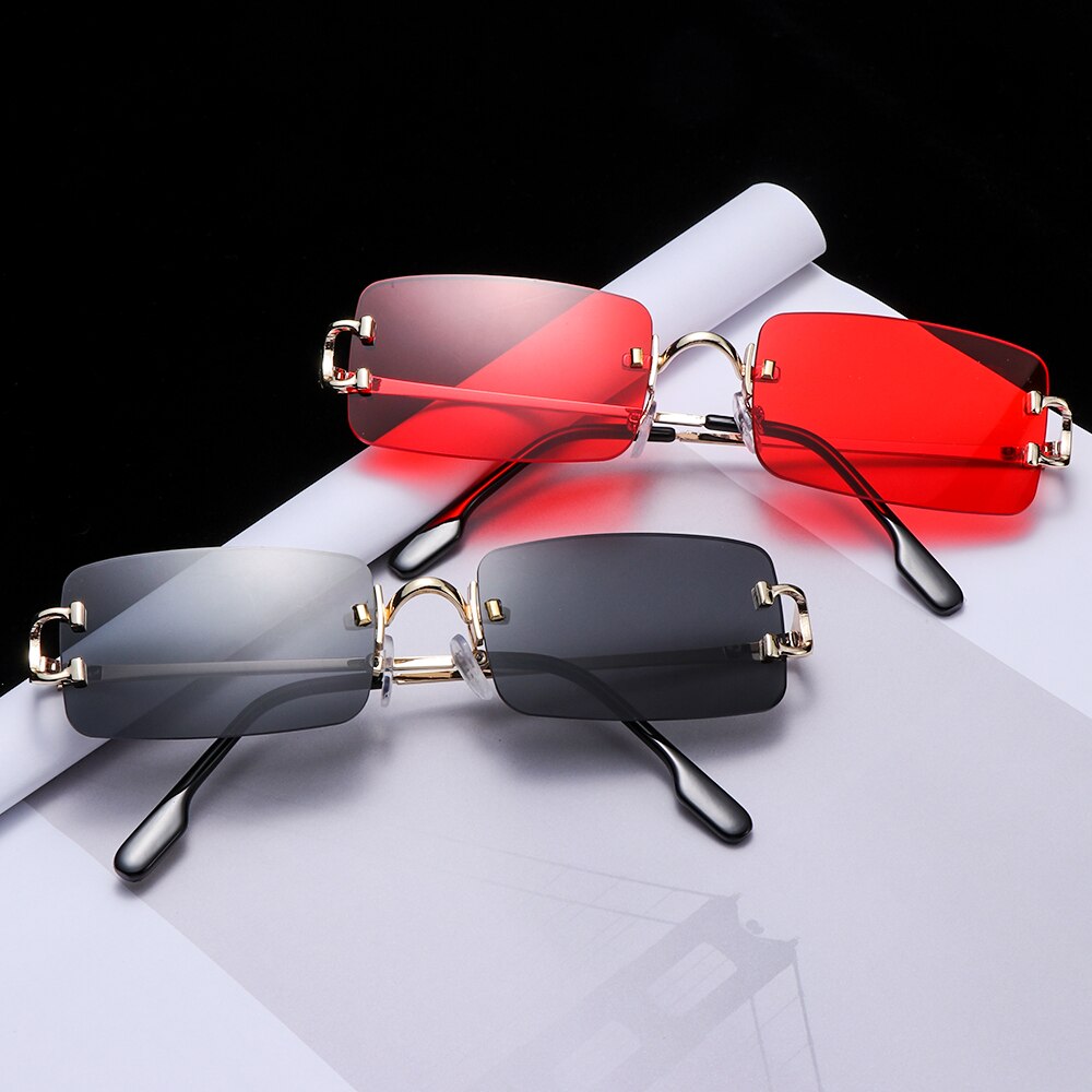 Tinted Lens Glasses Frameless Rectangular Sunglasses Men Women Rimless Outdoor Metal UV 400 Eyewear
