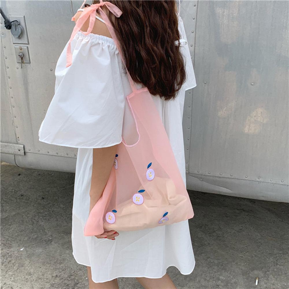 Kvinner organza mesh gjennomsiktig totes frukt broderi håndvesker koreansk stil kvinnelig øko handlepose vesker
