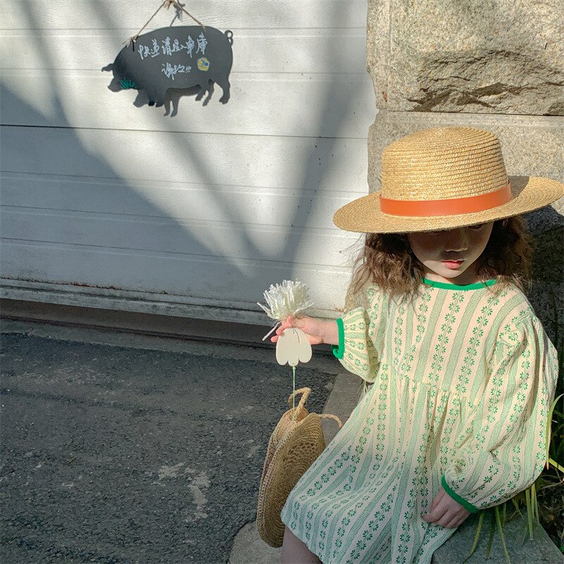 9988C 2022 Lente Linnen Katoen Meisjes Jurk Lange Mouwen Koreaanse Prinses Leuke Jurken Peuter Meisje Kleding: Green / 80cm 12M