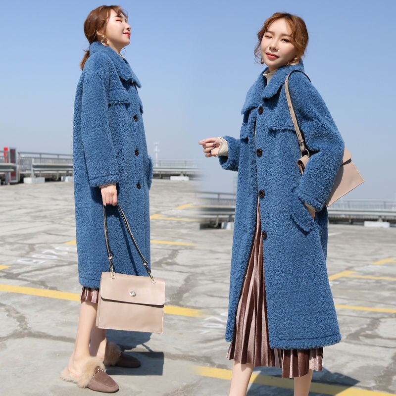 Vangull imitatiebont lange jassen winter casual dames warme lamswol katoenen effen jas plus fluweel dikke bovenkleding: Blauw / M