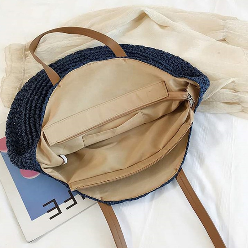 Round Ladies Straw Woven Bag Simple Shoulder Bag Beach Bag Large Capacity Handbag Women Bags Casual Tote Zipper