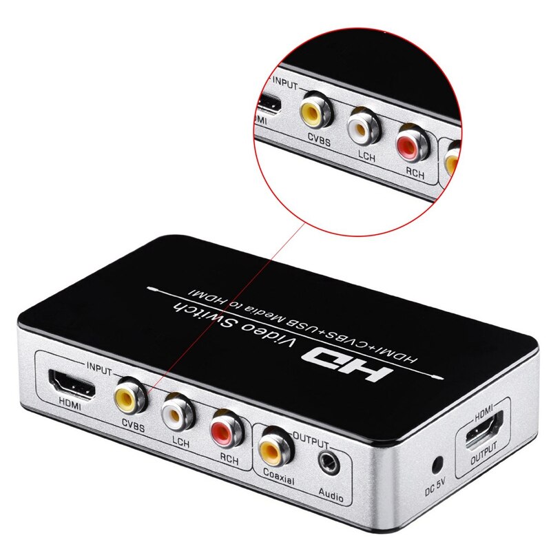 HDMI/AV/USB TO HDMI Switch Video Converter Adapter with CVBS and R/L Channel HDMI TO Coaxial Switcher(EU Plug)
