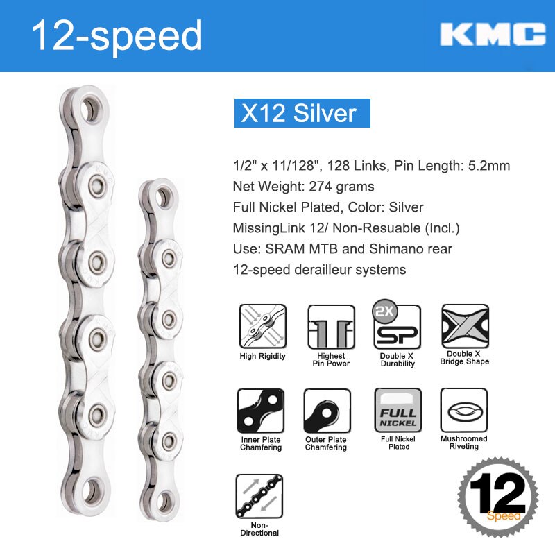 KMC 12 Speed Bicycle Chain X12 L MTB Road Bike X Bridge Trekking Commuting Cycle W/ Original MissingLinks Connectors: X12 Silver N 2Links