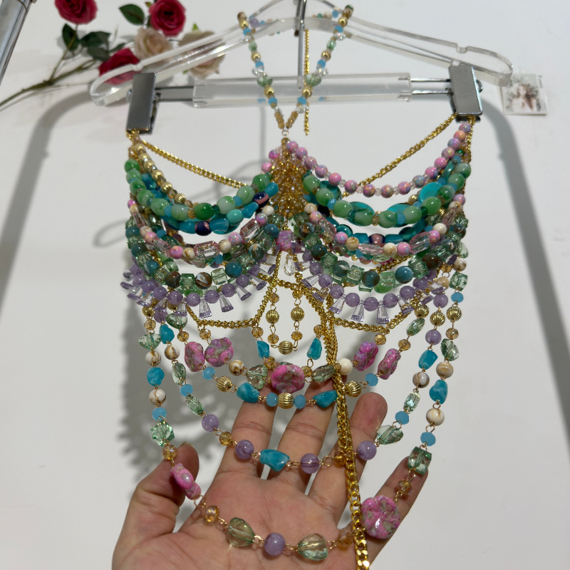 Sexy Women Handmade Turquoise Lavender Multi Stone Bead Body Chain Bikini Bra Hlater Romantic Tank Top Beachwear Lingeie