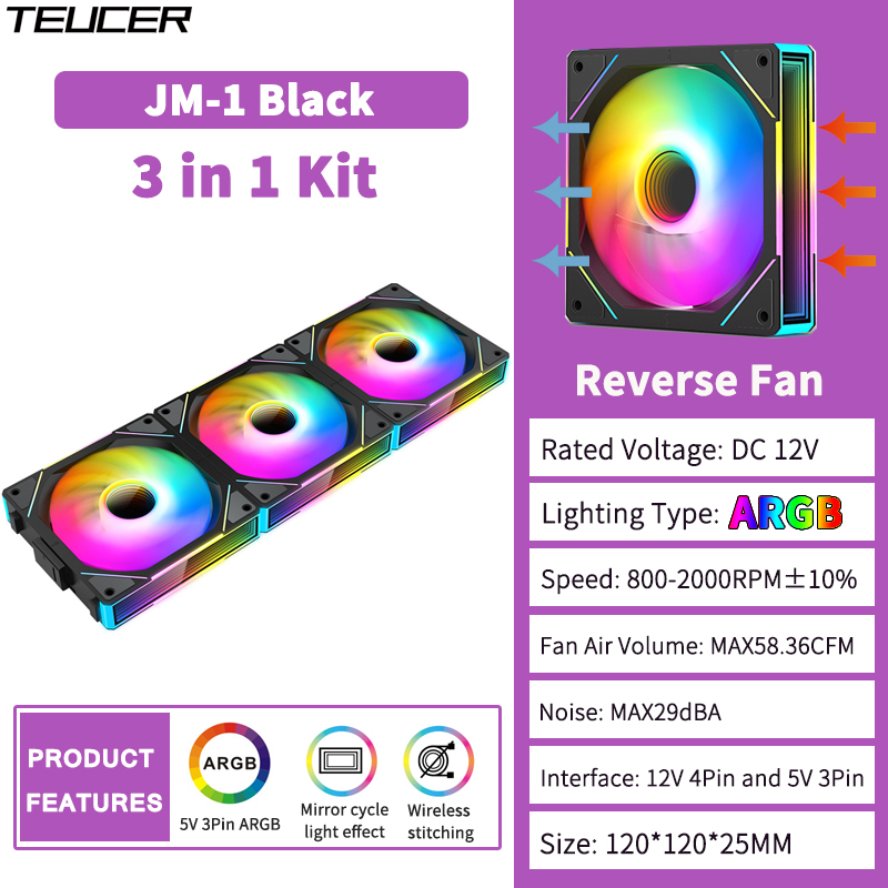 TEUCER JM-1 Computerkast Fan ARGB Spiegel Cyclus Lichteffect 120mm 4Pin PWM PC Koelventilator Geluidsarm Waterkoeling Ventilador: Black