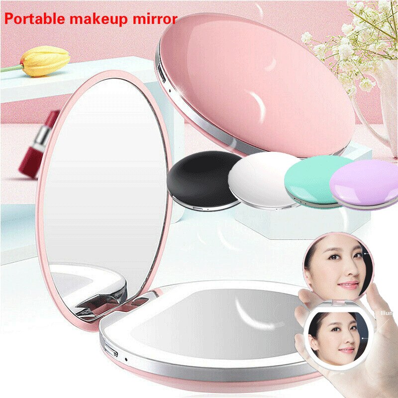 Make-up Cosmetische Opvouwbare Draagbare Compacte Pocket Spiegel met Led-verlichting Lampen Candy Kleur USB opladen draagbare ABS Spiegel