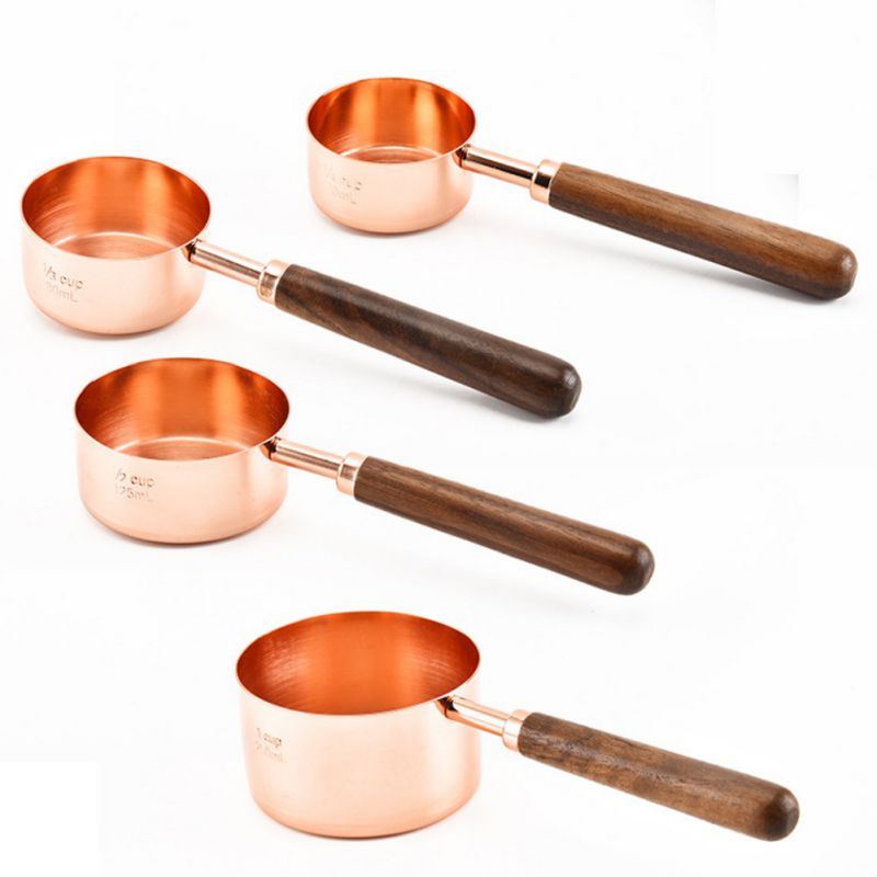 4 tasses à mesurer/cuillères en acier inoxydable | Plaqué cuivre avec poignées en bois