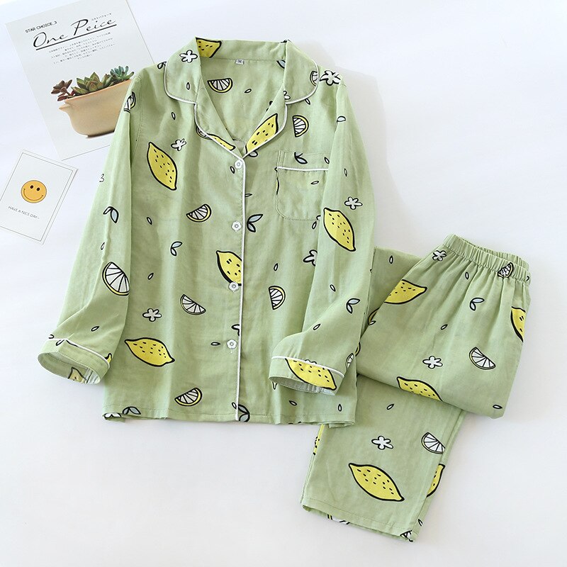 Pijamas de gasa de algodón para mujer, ropa de manga larga para el hogar, fresca y bonita, fina, de talla grande, conjunto de dos piezas, primavera y otoño, novedad: Green Lemon / XL