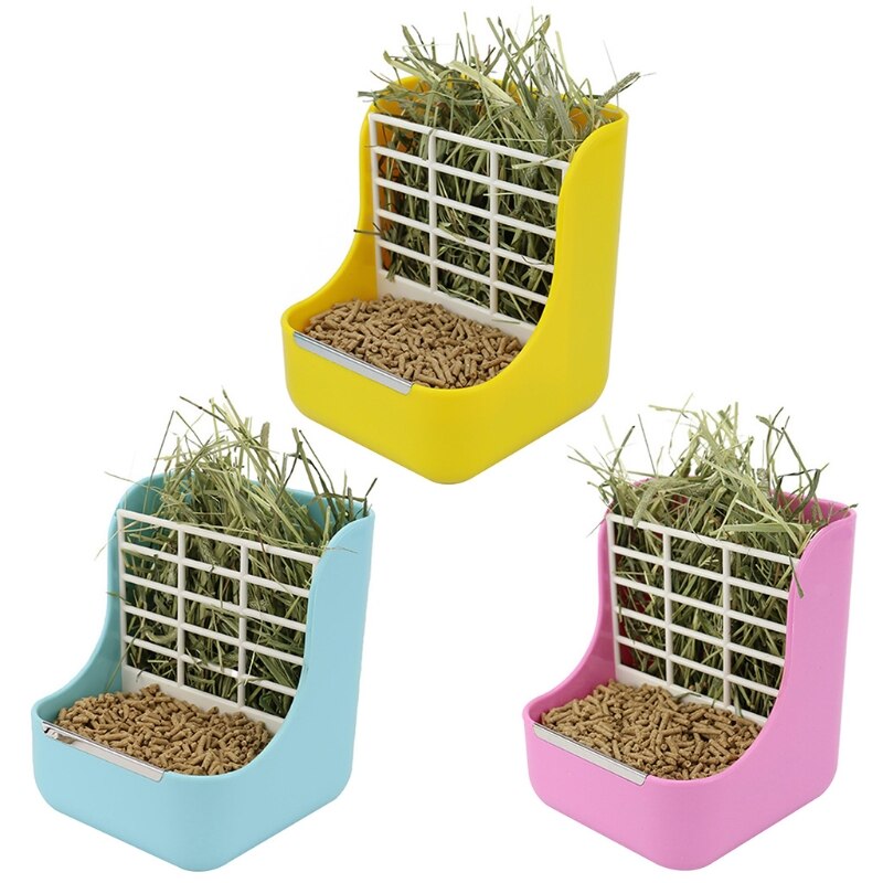 Alimentador de heno 2 en 1 para conejillo de indias, comedero de comida para Conejo, cuencos de alimentación, estante de pesebre para animales pequeños, accesorios de jaula