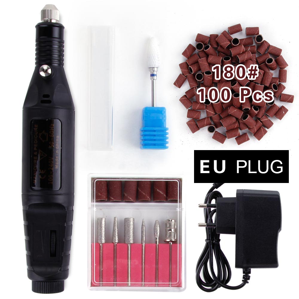 1 sæt power elektrisk manicure maskine keramisk skærer neglebor sæt fræsere pedicure apparat fil: Sort sæt 180