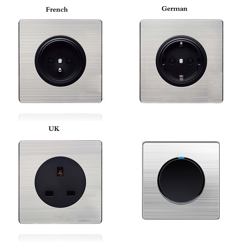 1 Gang 1 2 Way Brushed stainless steel Light EU Socket Any Click Point Control Wall Socket Switches Panel With Led