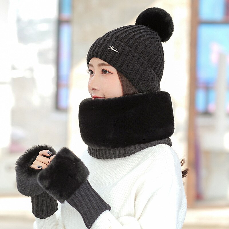 Ensemble de 3 pièces pour femme, bonnet, écharpe, gants en tricot de coton, bonnet, col à bretelles, pour fille, hiver: black