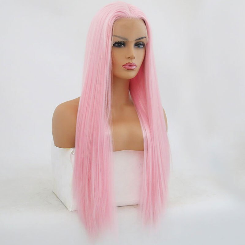 Peluca con malla frontal sintética recta de color rosa para bebé de Bombshell, pelo de fibra resistente al calor, peluca de corte medio Natural para pelucas de mujer