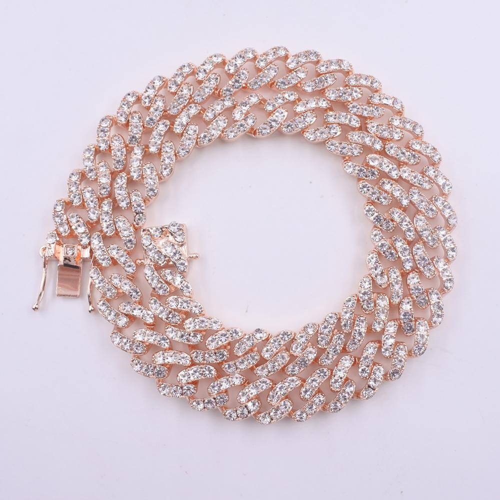 USA designs women's rose gold silver color pink crystal iced out cuban chain hip hop necklace punk 12mm miami link bling rapper