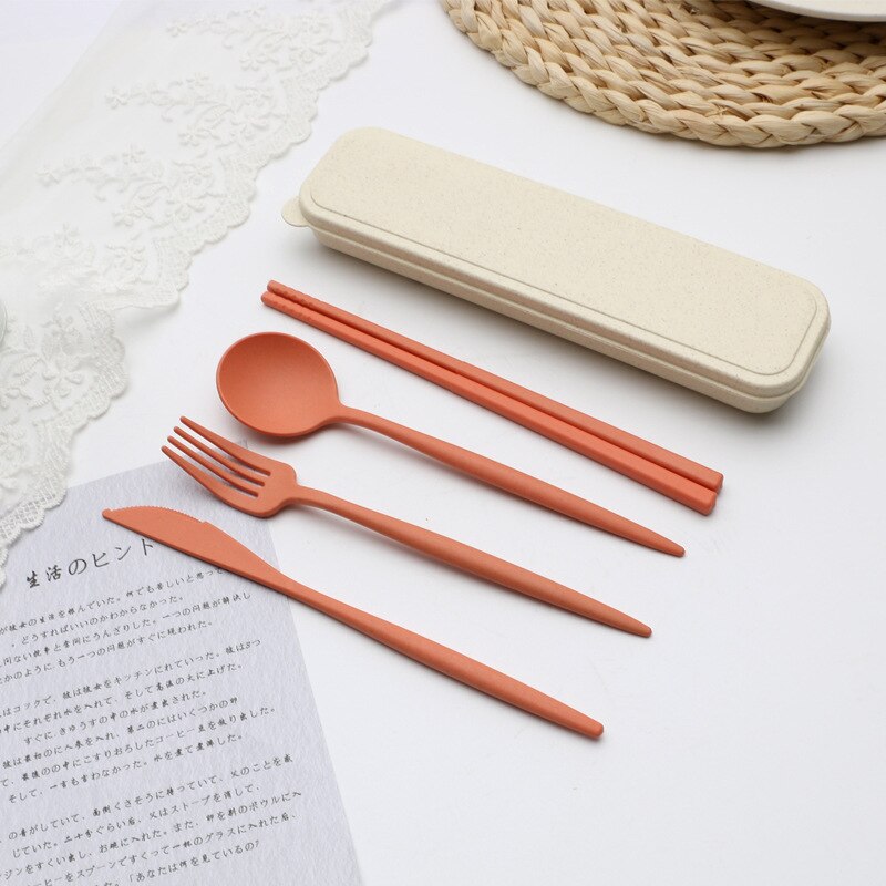 Couverts portables de voyage, boîte de couverts portables de voyage Style japonais couteau à paille de blé fourchette cuillère baguettes pour étudiants service de vaisselle de cuisine 4 pièces/ensemble: A3-4pcs and box