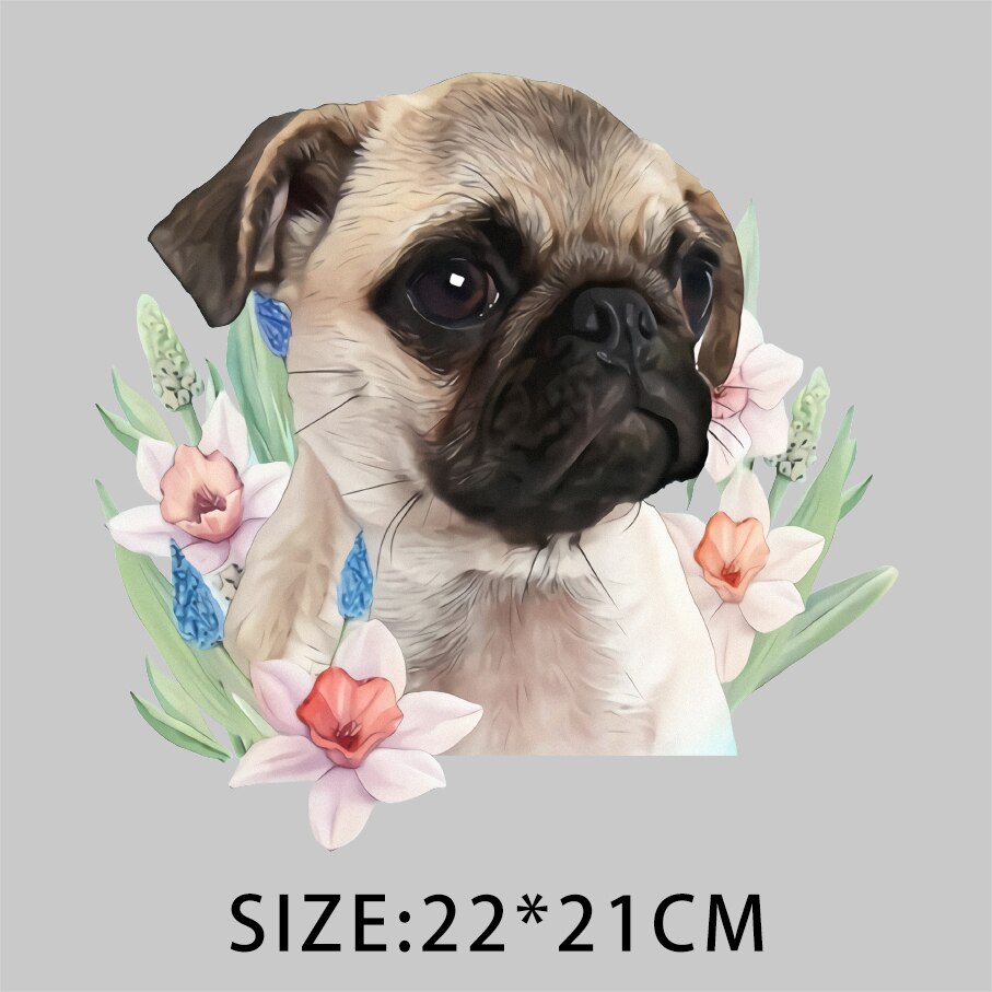 Mopshond bloemenpatronen, thermische transferprint patches voor kleding, doe-het-zelf t-shirt strijkpatches, strijkstickers: Ty -152-4