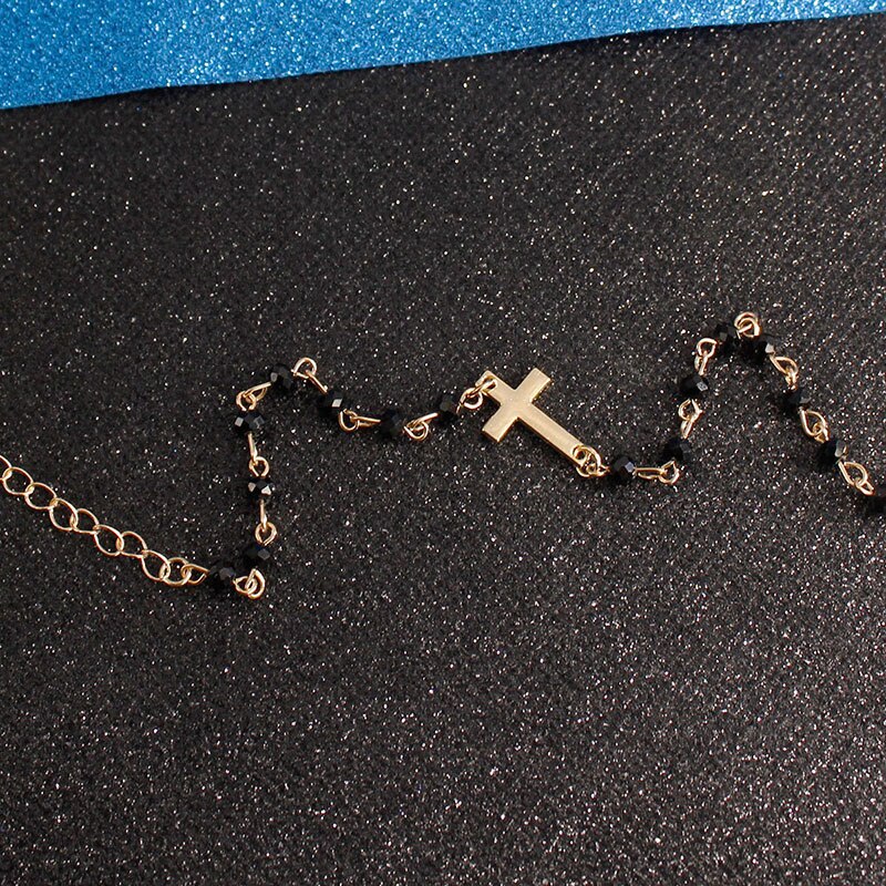 Neue Rosenkranz Stil Seitlich Kreuz Armbinde Schwarz Onyx und Beades Gold oder Kette Armbänder für Frauen Mädchen